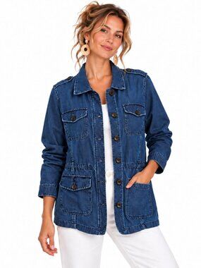 Talbots Cotton Hemp Field Jacket XL Blue Utility Cargo Zip Button Casual Relaxed